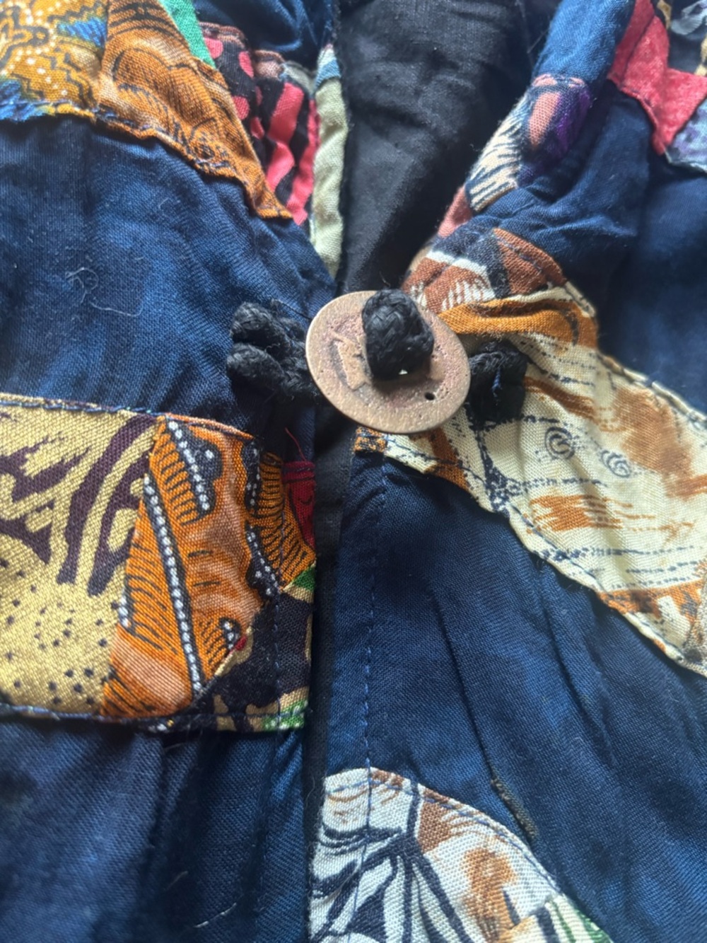 Vintage Bohemian Oversized Black Patchwork Open-Front Jacket Coin Buttons - Picture 6 of 11